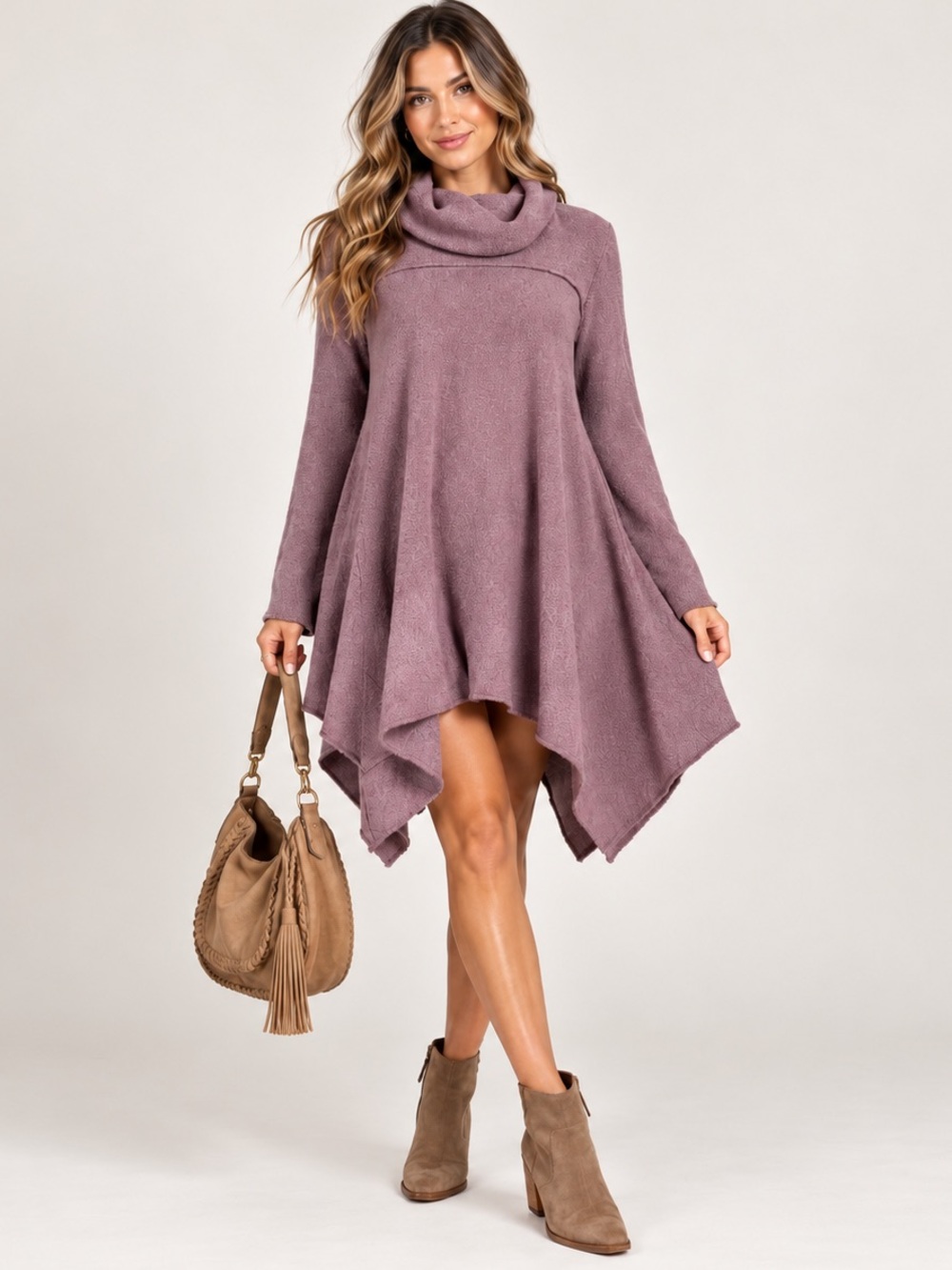 Umgee Dusty Mauve Textured Swing Top Dress Cowl Neck Long Sleeve Cotton Blend M